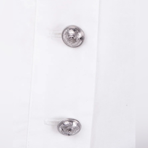 $1464 BALMAIN Off Shoulder white Shirt FR38 US6  M Branded Buttons Overlay NWT - Picture 5 of 6